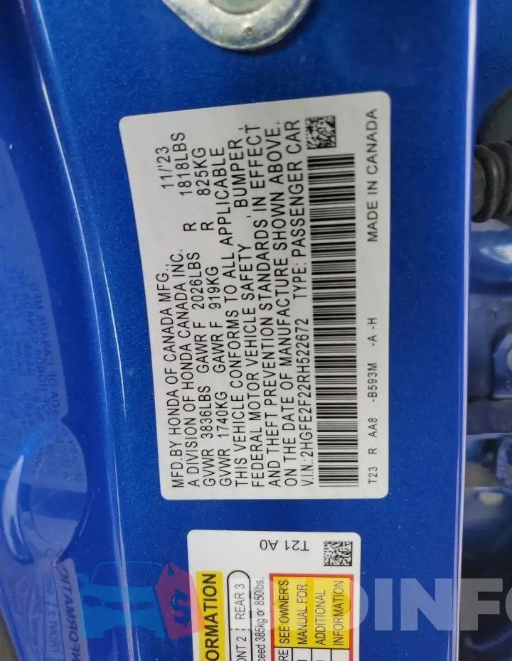2HGFE2F22RH522672 Photo# 12