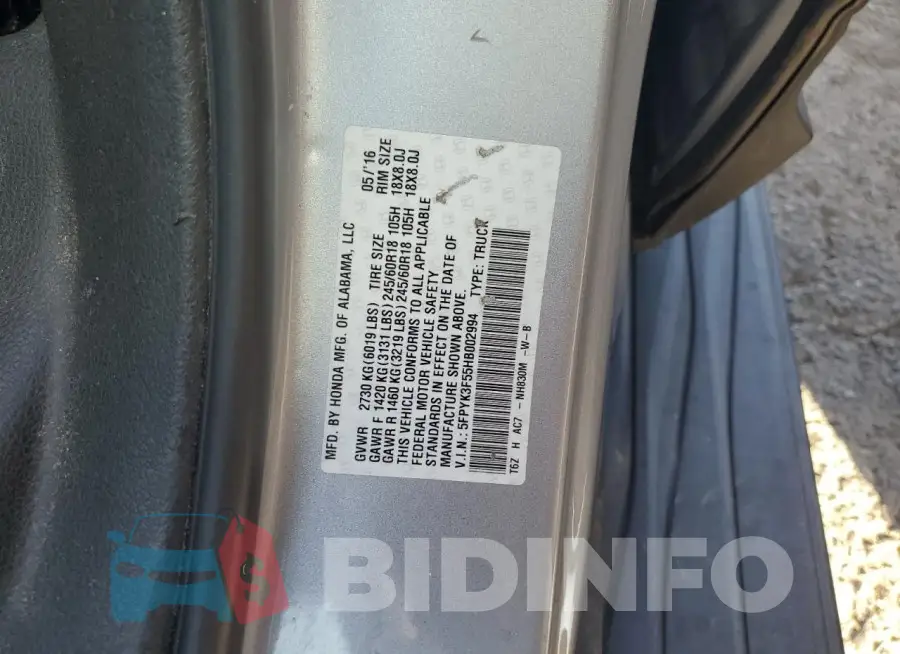 5FPYK3F55HB002994 Photo# 12