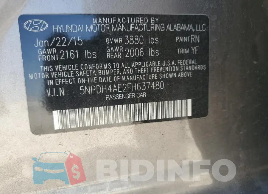 5NPDH4AE2FH637480 Photo# 13