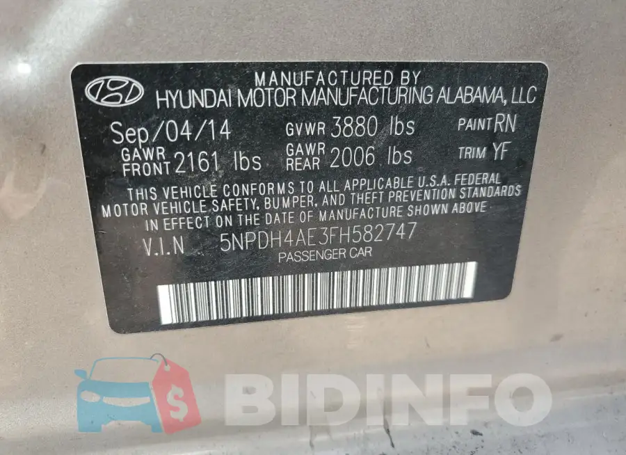5NPDH4AE3FH582747 Photo# 12