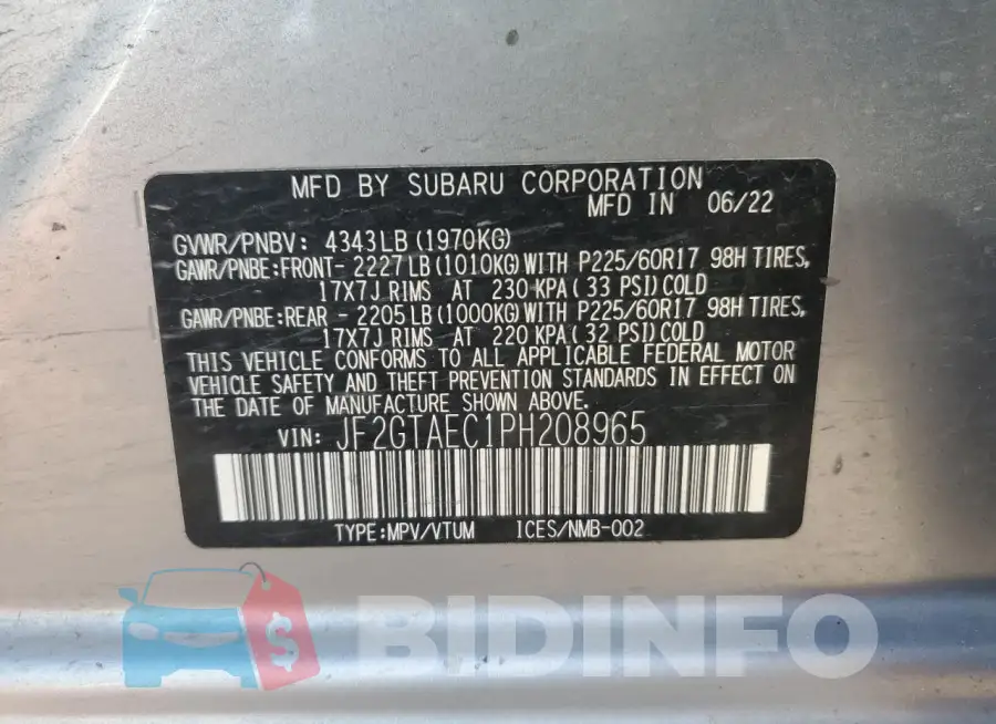 JF2GTAEC1PH208965 Photo# 13