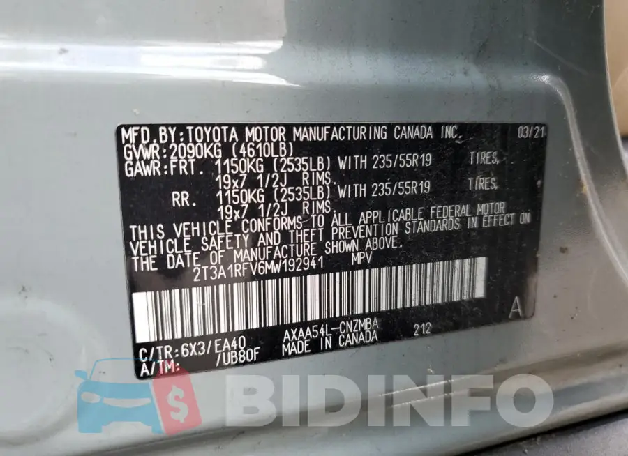 2T3A1RFV6MW192941 Photo# 13