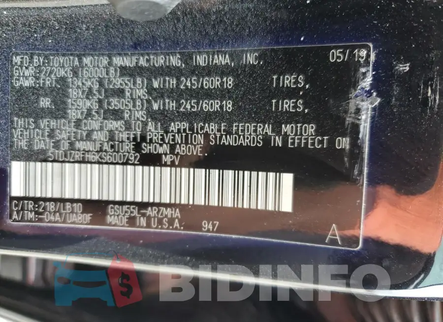 5TDJZRFH6KS600792 Photo# 14