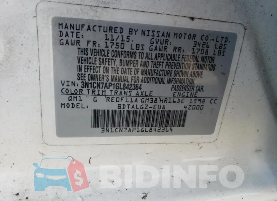 3N1CN7AP1GL842364 Photo# 12