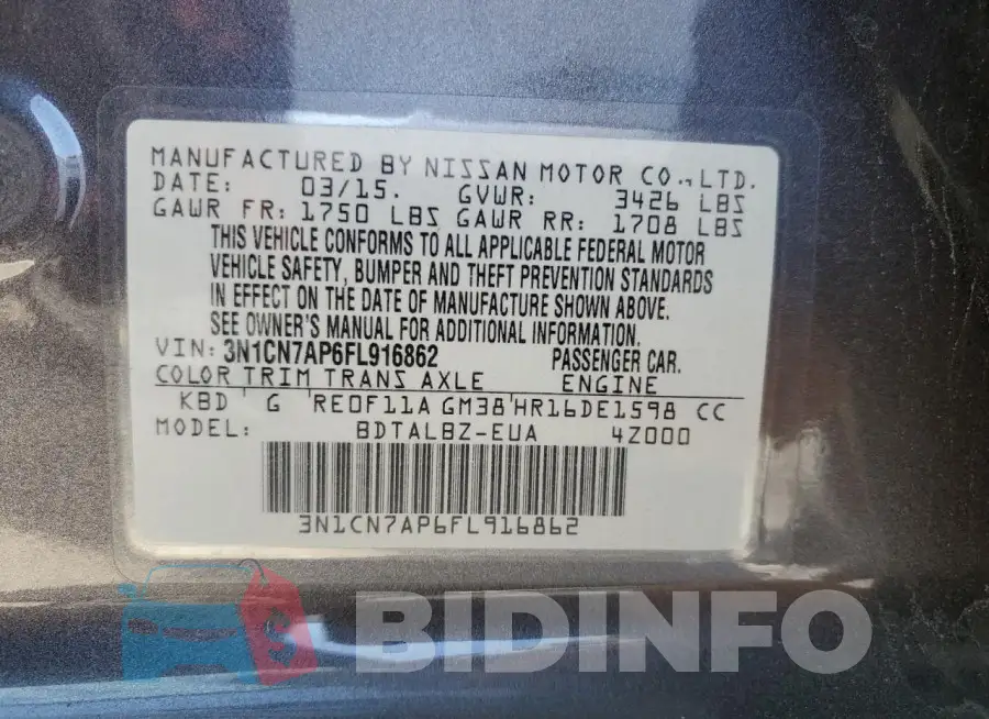 3N1CN7AP6FL916862 Photo# 13