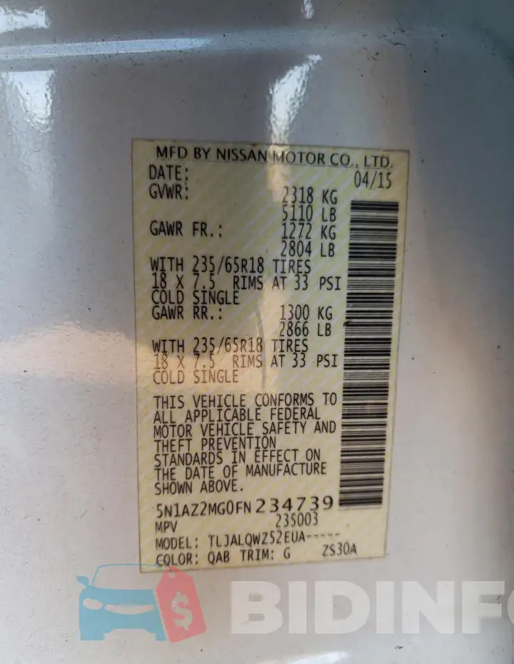 5N1AZ2MG0FN234739 Photo# 13
