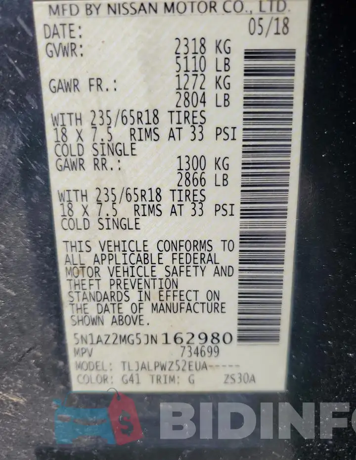 5N1AZ2MG5JN162980 Photo# 12