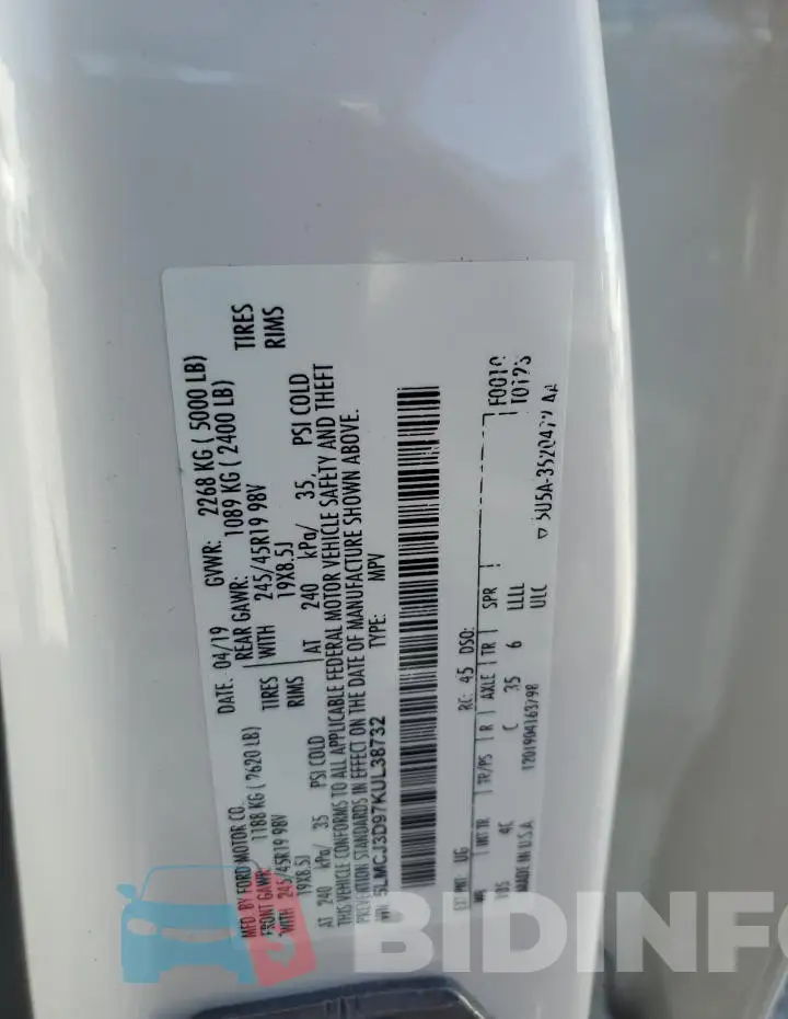 5LMCJ3D97KUL38732 Photo# 13