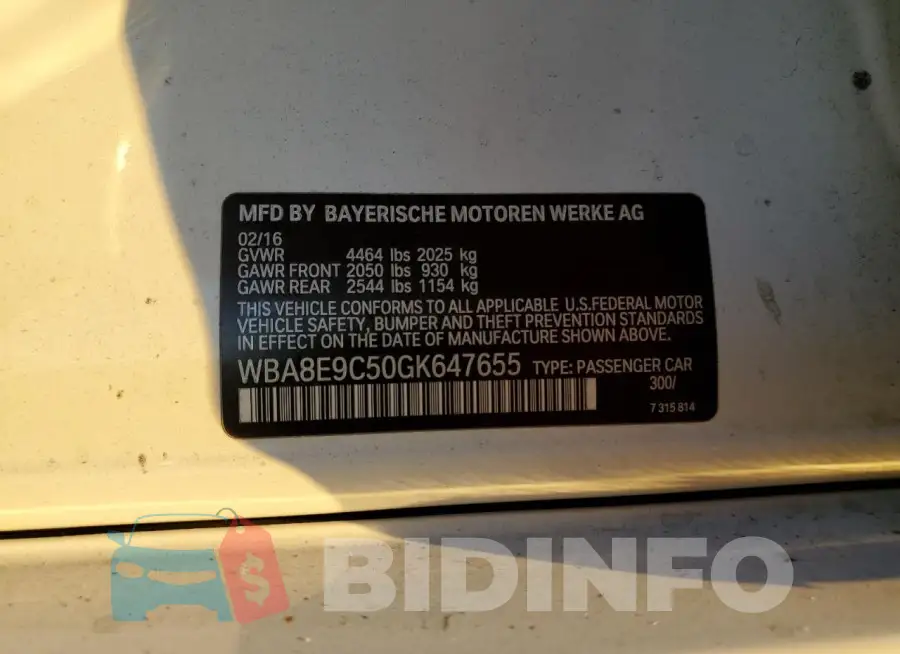 WBA8E9C50GK647655 Photo# 12
