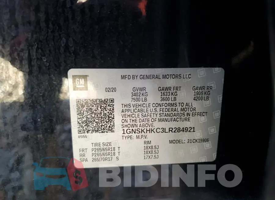 1GNSKHKC3LR284921 Photo# 13