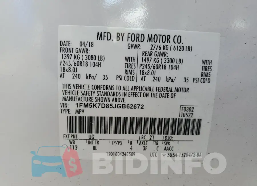 1FM5K7D85JGB62672 Photo# 13