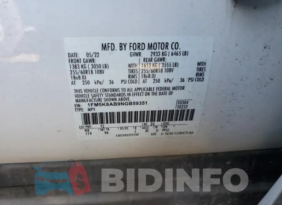 1FM5K8AB9NGB59351 Photo# 14