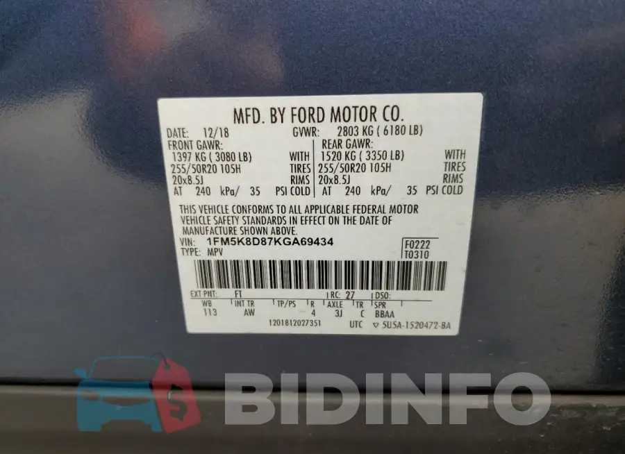 1FM5K8D87KGA69434 Photo# 13