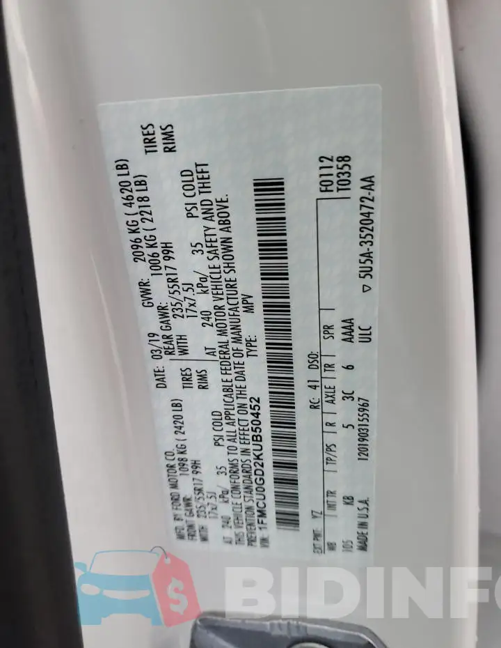 1FMCU0GD2KUB50452 Photo# 14