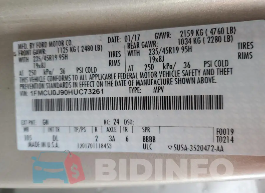 1FMCU0J90HUC73261 Photo# 13