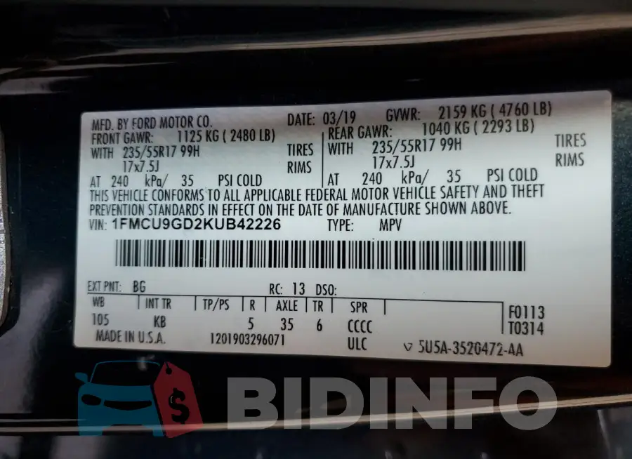 1FMCU9GD2KUB42226 Photo# 14