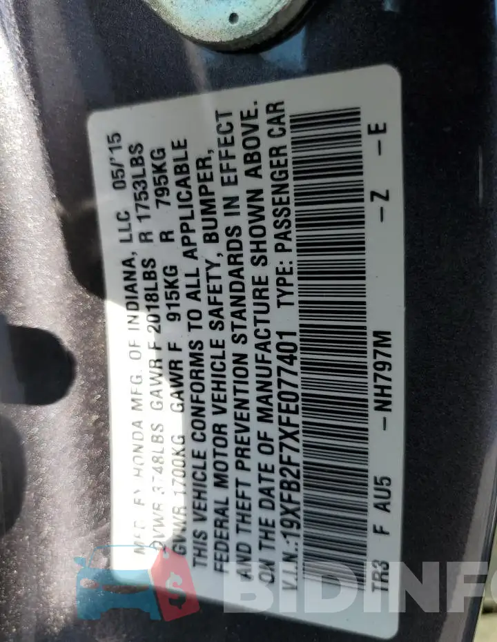 19XFB2F7XFE077401 Photo# 13