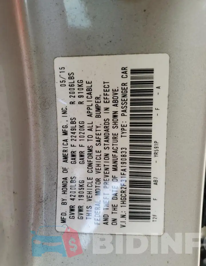 1HGCR2F31FA190833 Photo# 12