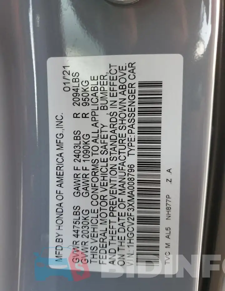 1HGCV2F3XMA008796 Photo# 13