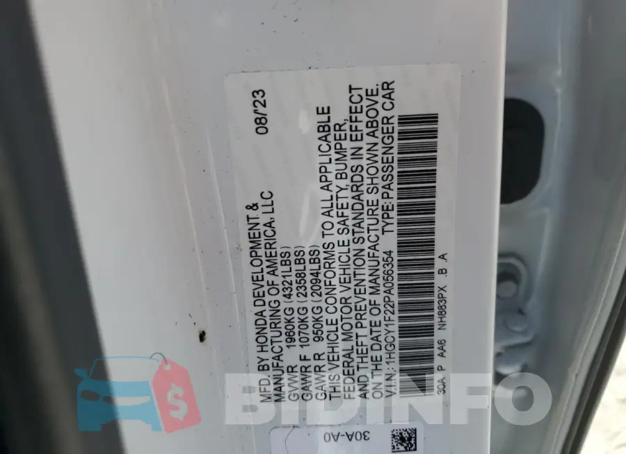 1HGCY1F22PA056354 Photo# 12