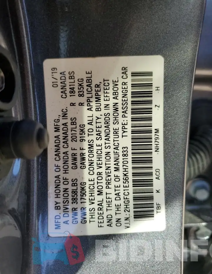 2HGFC1E56KH701833 Photo# 12