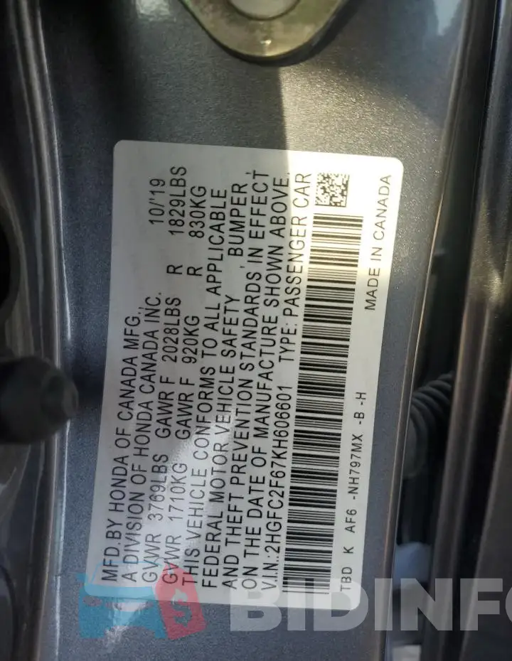 2HGFC2F67KH606601 Photo# 13
