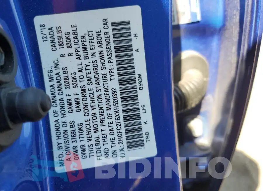 2HGFC2F6XKH520392 Photo# 12