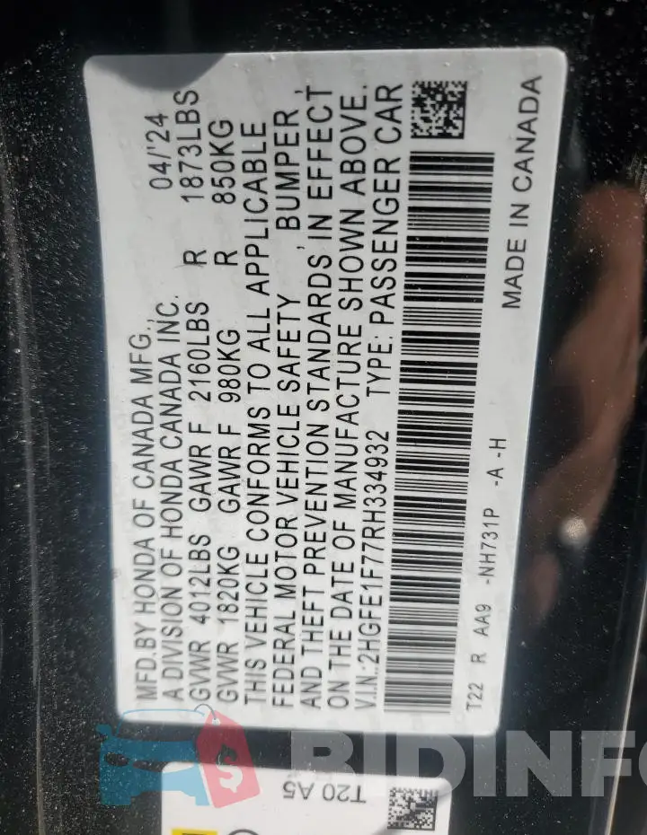 2HGFE1F77RH334932 Photo# 12