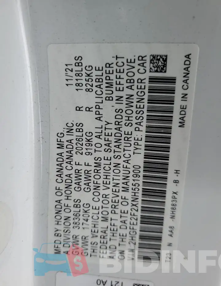 2HGFE2F2XNH551900 Photo# 13