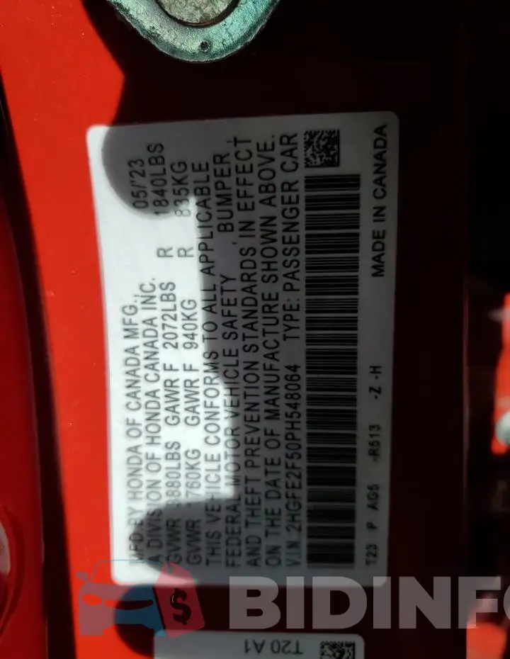 2HGFE2F50PH548064 Photo# 12