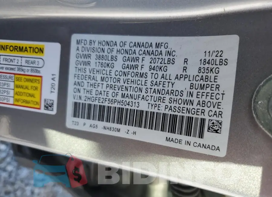 2HGFE2F56PH504313 Photo# 12