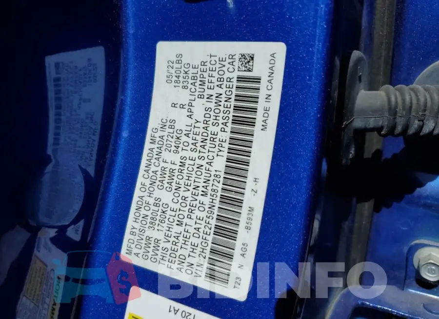2HGFE2F59NH587281 Photo# 12