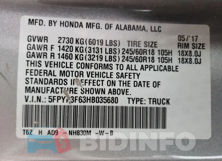 5FPYK3F63HB035680 Photo# 12