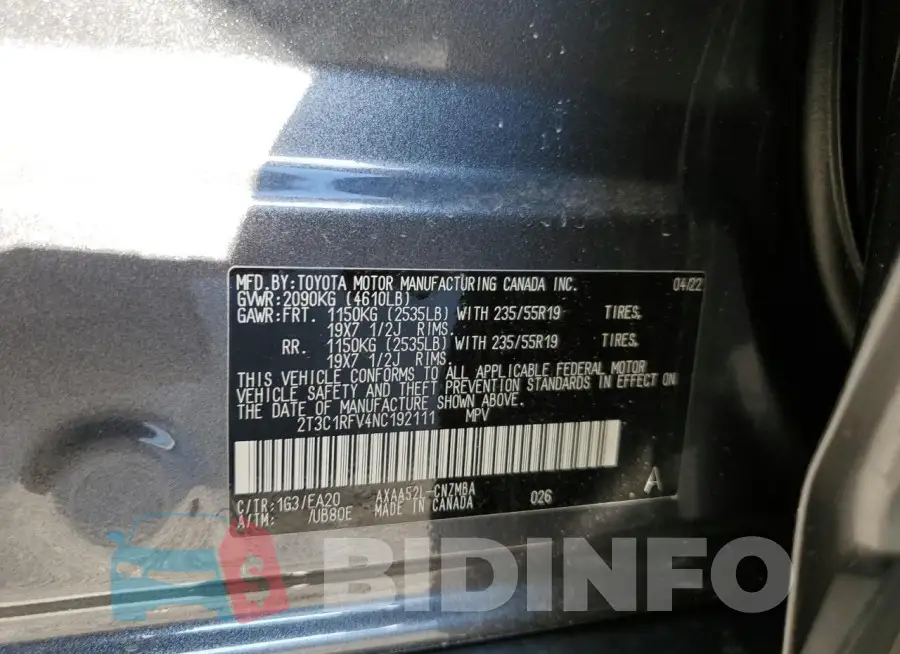 2T3C1RFV4NC192111 Photo# 13