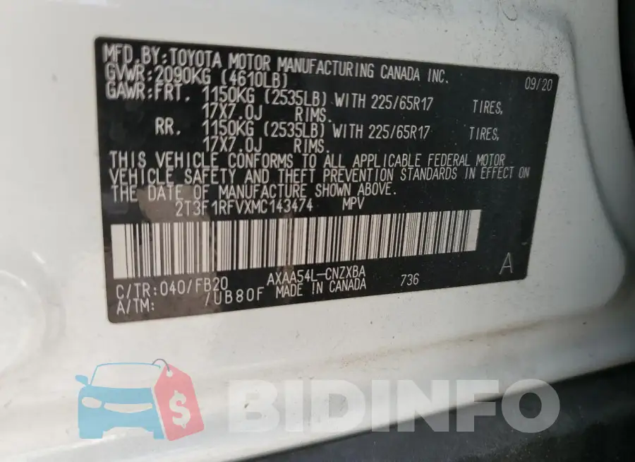 2T3F1RFVXMC143474 Photo# 13