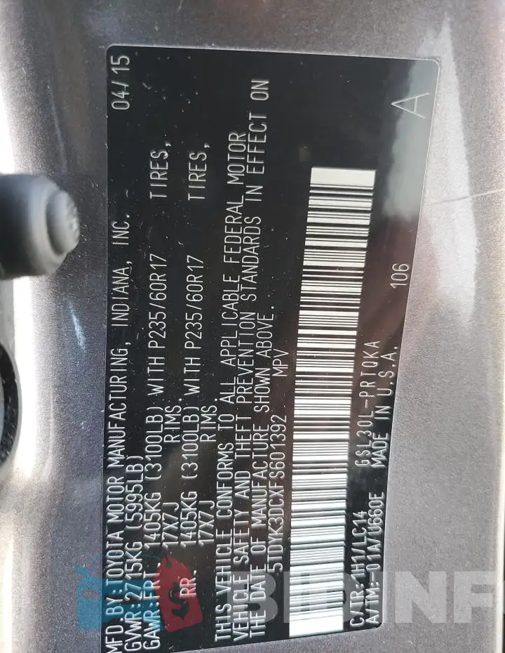 5TDYK3DCXFS601392 Photo# 13