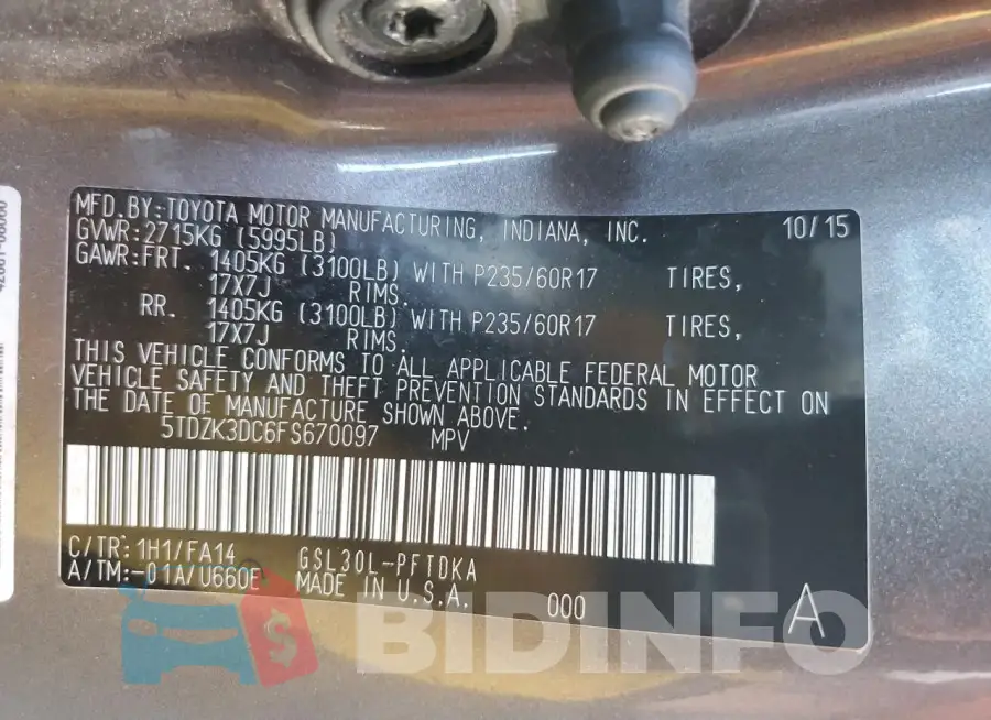 5TDZK3DC6FS670097 Photo# 14