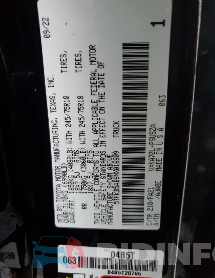 5TFKB5AB8NX018809 Photo# 12