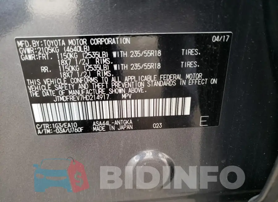 JTMDFREV7HD214917 Photo# 13