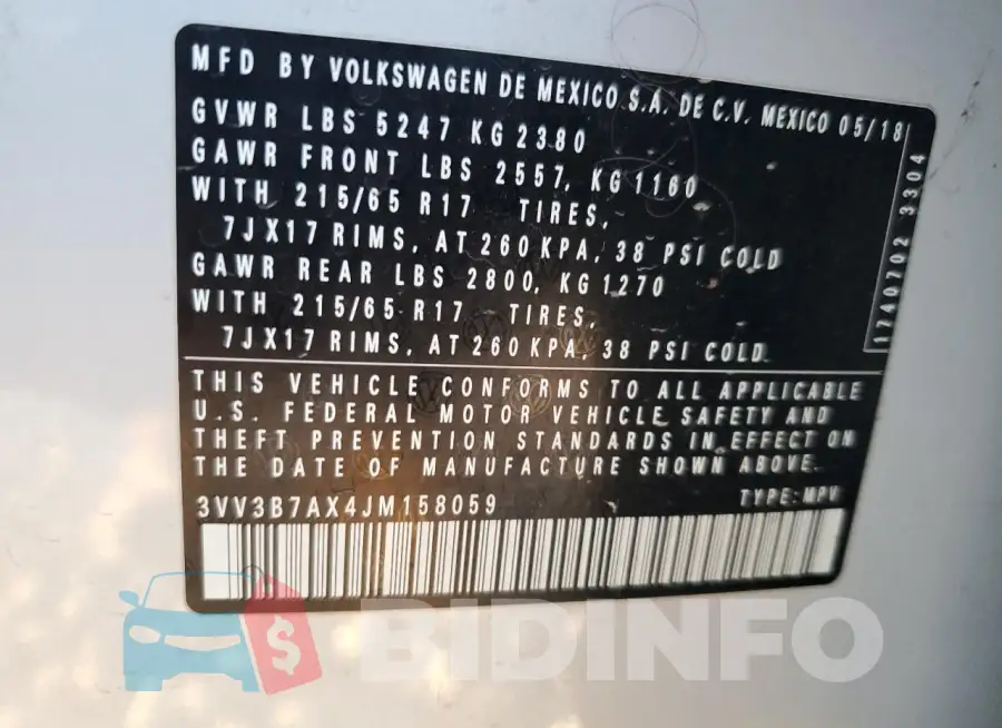 3VV3B7AX4JM158059 Photo# 13