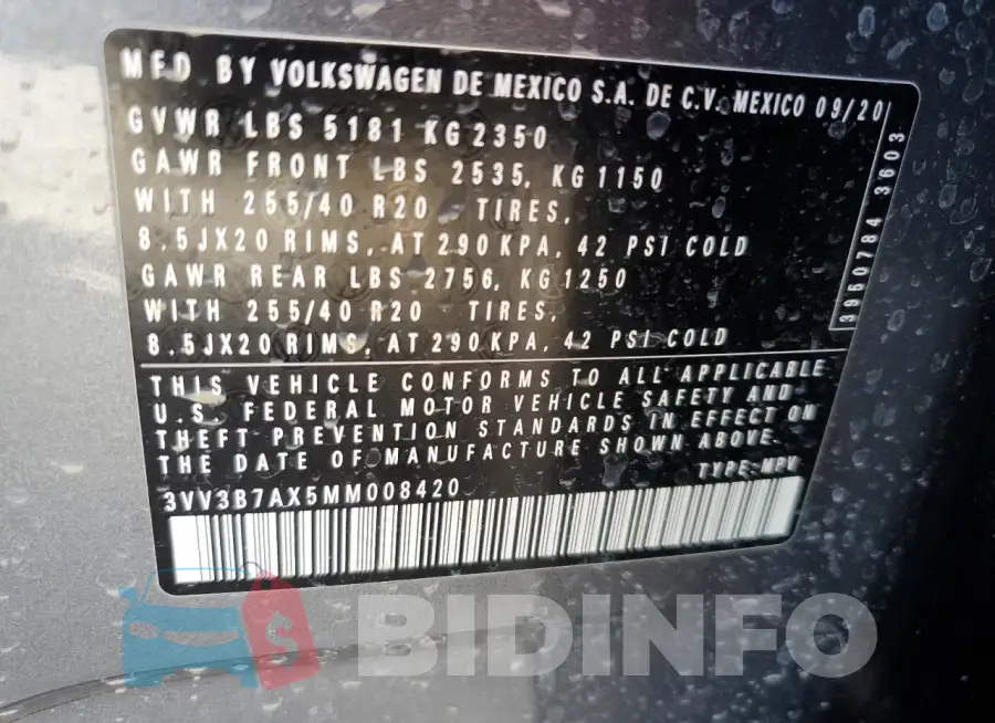 3VV3B7AX5MM008420 Photo# 13