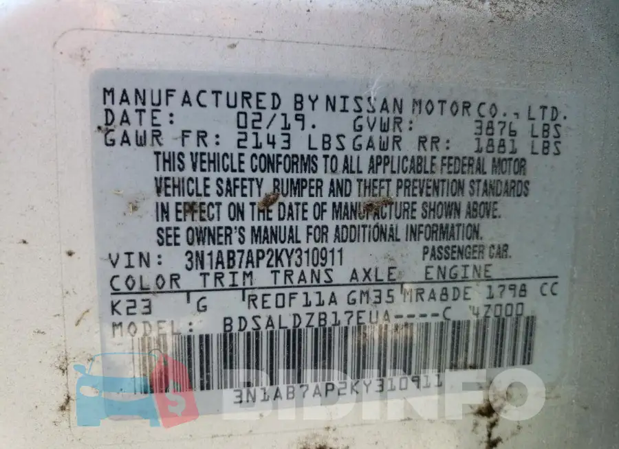 3N1AB7AP2KY310911 Photo# 13