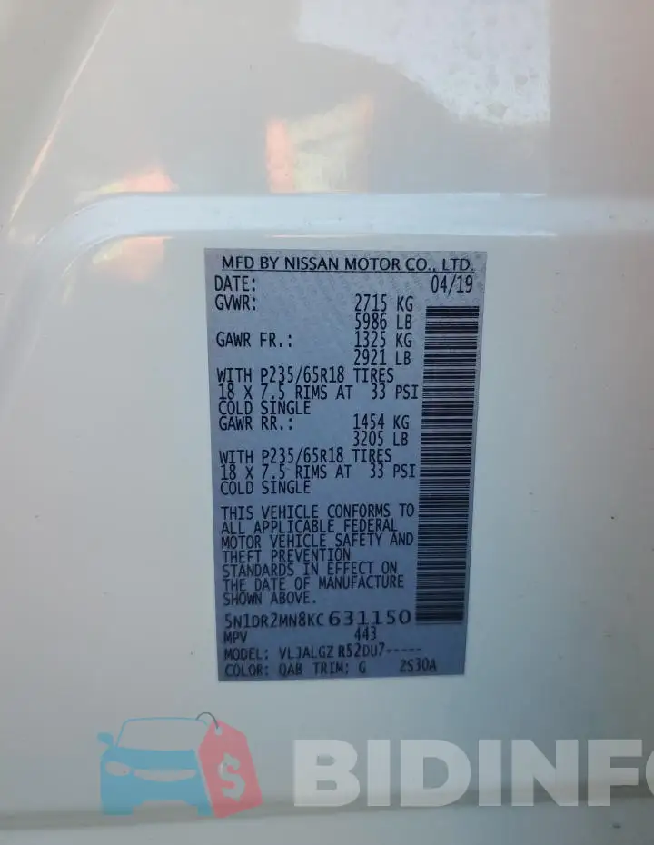 5N1DR2MN8KC631150 Photo# 14