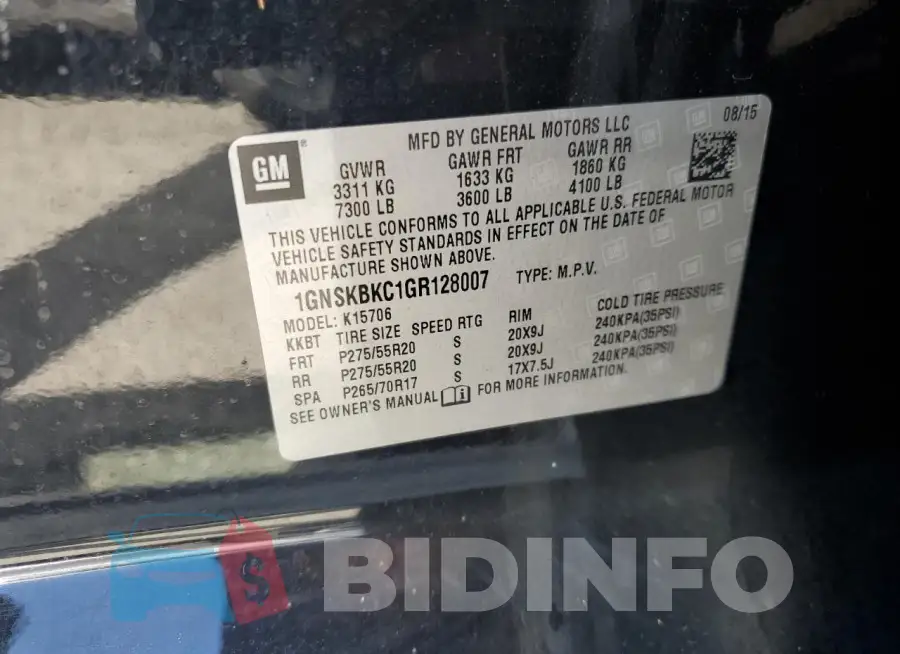 1GNSKBKC1GR128007 Photo# 12