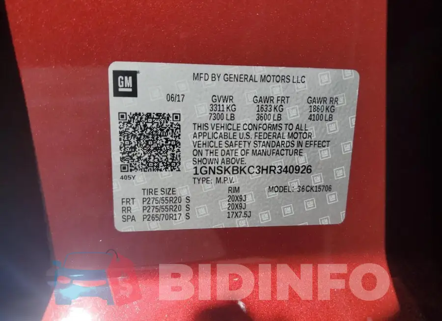 1GNSKBKC3HR340926 Photo# 13