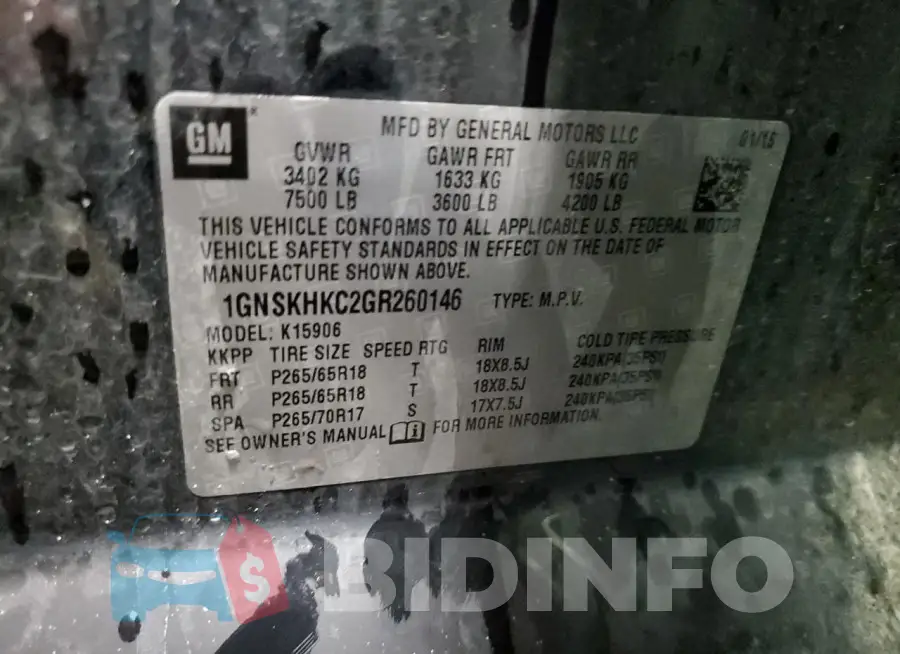 1GNSKHKC2GR260146 Photo# 13