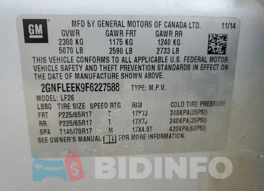 2GNFLEEK9F6227588 Photo# 13