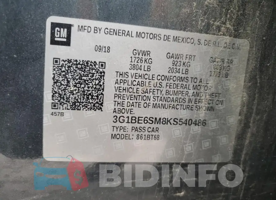3G1BE6SM8KS540486 Photo# 12