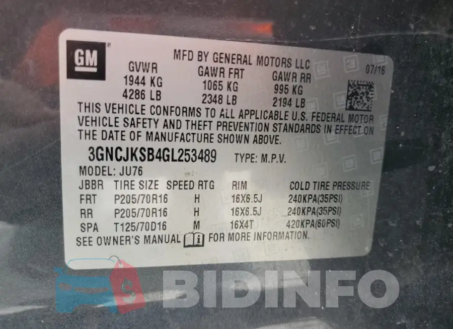 3GNCJKSB4GL253489 Photo# 12