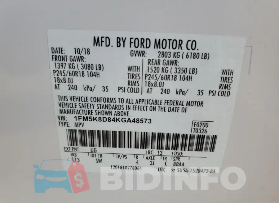 1FM5K8D84KGA48573 Photo# 13